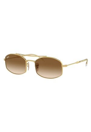Occhiali da sole in metallo dorato con forma ovale e lenti con gradiente marrone. Tempi sottili e design a doppio ponte, con terminali trasparenti.