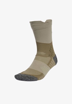 Calzini performanti beige e verde oliva con parte superiore a coste, motivi testurizzati, punta e tallone rinforzati grigi, e una vestibilità aderente.