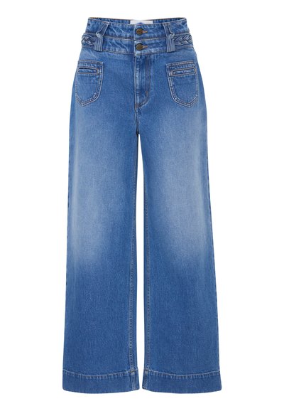 Džínové kalhoty s širokými nohavicemi v modré barvě mají spletený vyšší pas s dvěma knoflíky, pět kapes a vybledlý vzhled na stehnech.