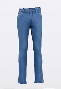 Blugi din denim albastru deschis cu design cu picior drept, talie înaltă, cinci buzunare și fermoar. Prezintă decolorări subtile și detalii cu cusături.