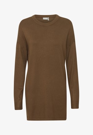 Jersey marrón de manga larga en un material suave, con un escote redondo y detalles acanalados en los hombros y los puños.