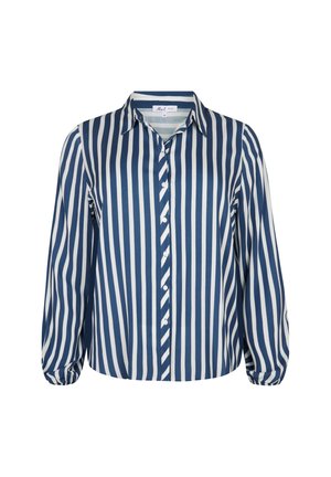 Lange mouwen knoopshirt in marineblauw en witte horizontale strepen, gemaakt van lichte stof, met een standaardkraag en manchetten.