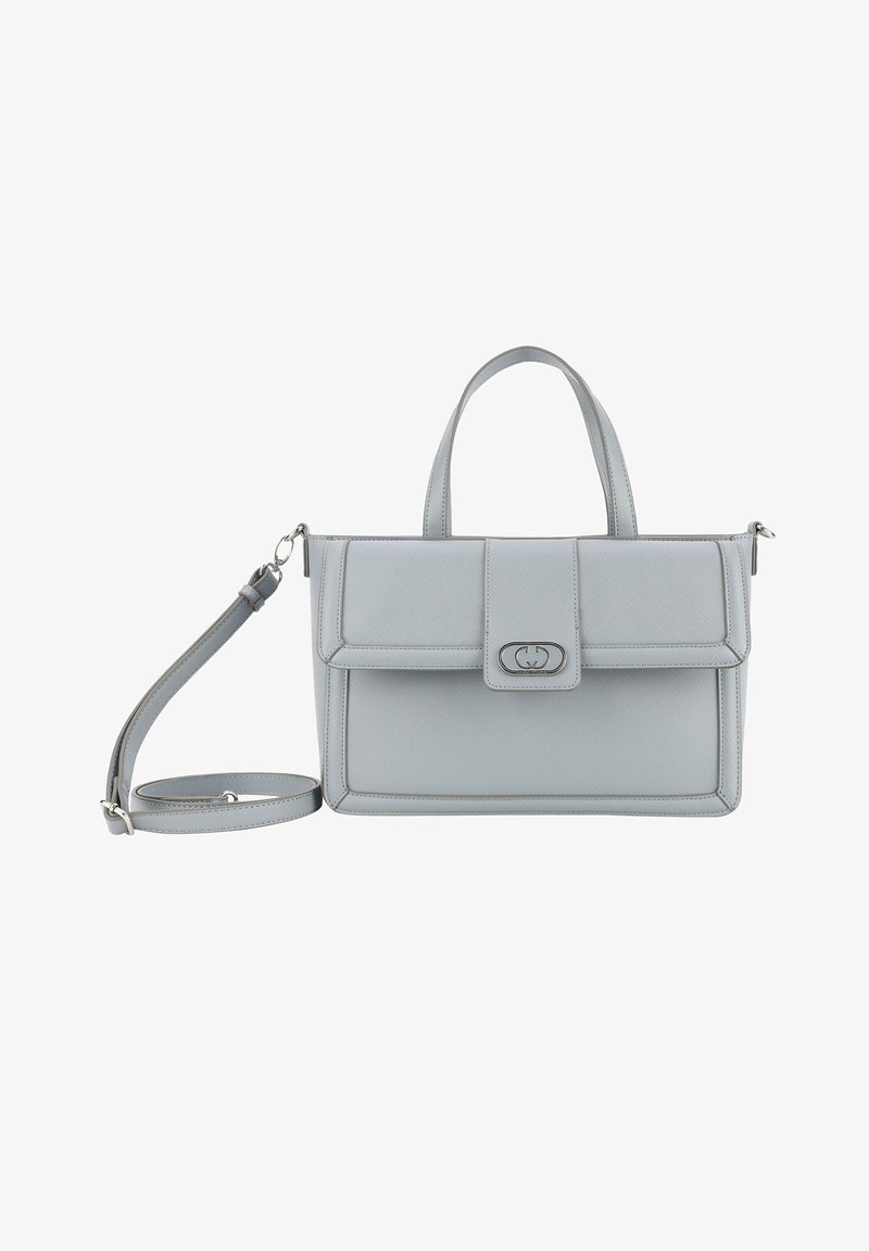 Grå syntetisk håndtaske med dobbelte håndtag, aftagelig skulderrem, fold-over klap og sølvhardware detaljer. Teksturering.