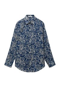 Maglietta a maniche lunghe di colore blu navy con motivo floreale paisley bianco, design con colletto, chiusura con bottoni e orlo curvo. Realizzata in tessuto leggero.