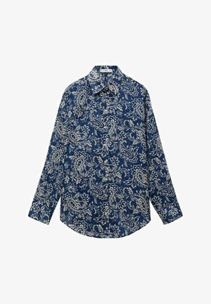 Majica z dolgimi rokavi v temno modri barvi s belim paisley cvetličnim vzorcem, z ovratnikom, gumbom spredaj in ukrivljenim robom. Narejena iz lahkotnega materiala.