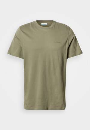 T-shirt en coton vert olive avec un col rond, des manches courtes et un logo Columbia subtil imprimé de la même couleur sur la poitrine.