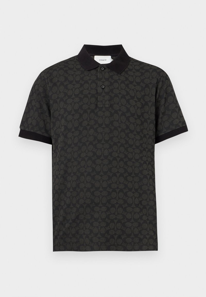 Black short-sleeve polo shirt with subtle dark gray all-over pattern and solid black collar and sleeve cuffs, front button placket.
