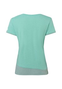 T-shirt pour femme à manches courtes de couleur vert menthe avec une bande vert foncé légèrement plus foncée en bas et un petit logo blanc sur la manche.