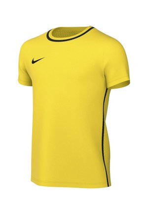 Camiseta deportiva Nike amarilla de manga corta con ribete negro alrededor del cuello y logo de Nike negro en el pecho, mostrada sobre un fondo blanco.