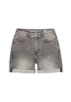 Short en denim noir délavé avec revers roulés, bouton et fermeture éclair à l'avant, cinq poches et détails en rivets de cuivre, étiqueté Garcia Jeans.