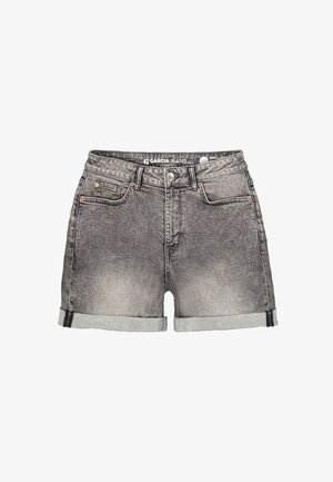 Short en denim noir délavé avec revers roulés, bouton et fermeture éclair à l'avant, cinq poches et détails en rivets de cuivre, étiqueté Garcia Jeans.