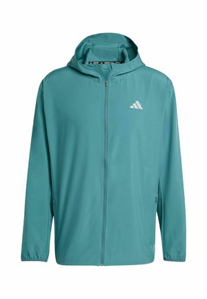 Türkise, leichte Zip-Jacke mit Kapuze, aus glattem Stoff gefertigt. Mit einem weißen Logo auf der linken Brust und elastischen Bündchen.