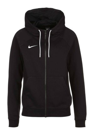 Sweat à capuche noir zippé avec cordons de serrage blancs et petit logo Nike blanc sur le côté gauche de la poitrine, doté de poches avant et de manches longues.