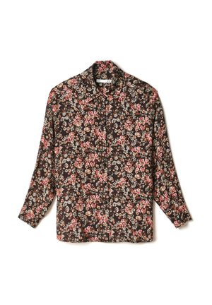 Camicia con maniche lunghe e bottoni, sfondo scuro e motivo floreale fitto e piccolo in tonalità rosa, beige e bianco.