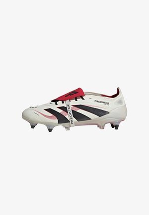 White soccer cleat with black and red accents, featuring a textured upper, low profile, and transparent studs. Brand logo on the side.