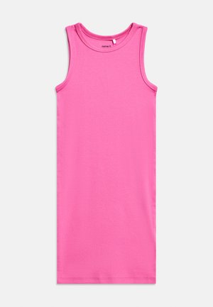 Sleeveless bright pink ribbed knit dress with a round neckline, designed for casual wear.