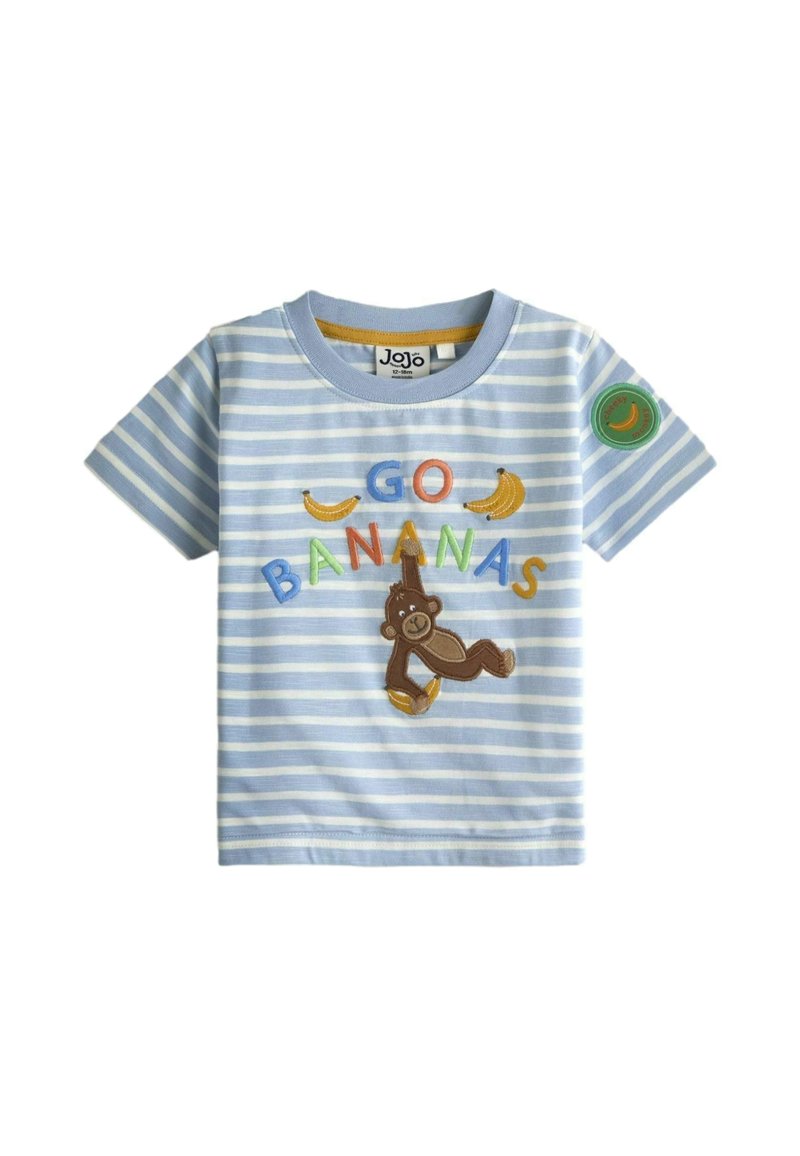 Hellblau-weiß gestreiftes Kleinkindshirt mit buntem "GO BANANAS"-Text, Bananen und einem lächelnden Affen, der eine Banane hält.