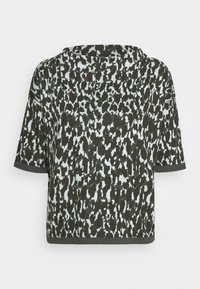 T-shirt à manches courtes, de coupe ample, en vert foncé avec un motif abstrait bleu clair en contraste ; présente un col arrondi et une texture douce.