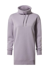 Purple, long-sleeve hoodie with a high collar and drawstrings. Made from soft fabric with ribbed cuffs and hem. No visible patterns or accents.
