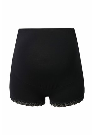 Schwarze, hochgeschnittene Damenunterwäsche mit Spitzenbesatz an den Beinausschnitten, entworfen für volle Bedeckung und eine glatte Passform.