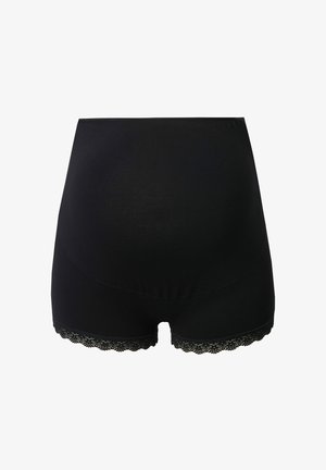 Sous-vêtements féminins noirs taille haute avec bordure en dentelle aux ouvertures des jambes, conçus pour une couverture complète et une tenue lisse.