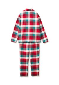 Červený, bílý a tyrkysový károvaný flanelový pyžamový set, který zahrnuje košili s dlouhým rukávem a odpovídající kalhoty s volnějším střihem a límečkem s výřezy.