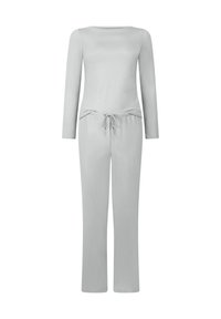 Lichtgrijze loungewear set met een lange mouw top en joggingsbroek met elastische tailleband, gemaakt van zachte stof met een relaxed fit en rechte pijpontwerp.