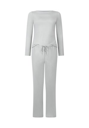 Lichtgrijze loungewear set met een lange mouw top en joggingsbroek met elastische tailleband, gemaakt van zachte stof met een relaxed fit en rechte pijpontwerp.