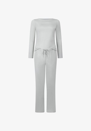 Lichtgrijze loungewear set met een lange mouw top en joggingsbroek met elastische tailleband, gemaakt van zachte stof met een relaxed fit en rechte pijpontwerp.