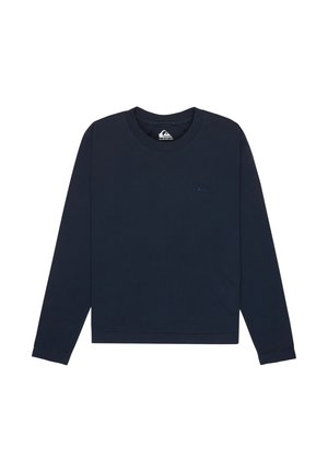 Laivastonsininen pitkähihaisen pyöreän kaula-aukon collegepusero, jossa on hillitty Quiksilver-logo vasemmassa rinnassa, yksivärinen design ja resorit hihansuissa.