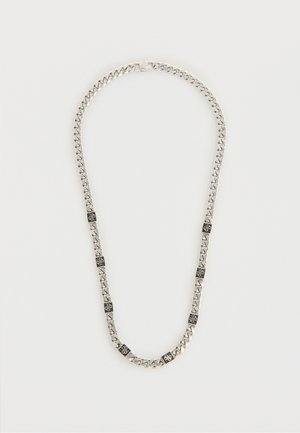 Silver chain necklace with flat, wide links and evenly spaced black square accents featuring floral engravings.