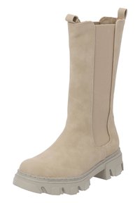 Bota de ante color beige hasta la rodilla, con paneles laterales elásticos, suela texturizada y tiradores. Diseño de puntera redondeada y tacón grueso.