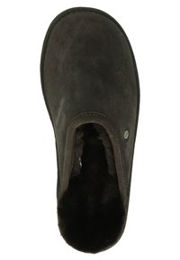 Donkergrijze suède slof met een ronde vorm, pluche zwarte voering en minimaal stiksel detail. Instapontwerp, geen zichtbare hardware.