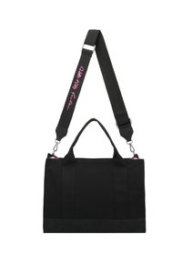 Borsa in tessuto nero con due manici superiori, una tracolla staccabile con testo rosa e un fondo nero uniforme. Forma rettangolare semplice.