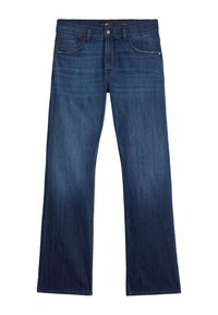 Mörkblå denimjeans med rak bendesign, som har fem fickor och subtila slitningar på låren.