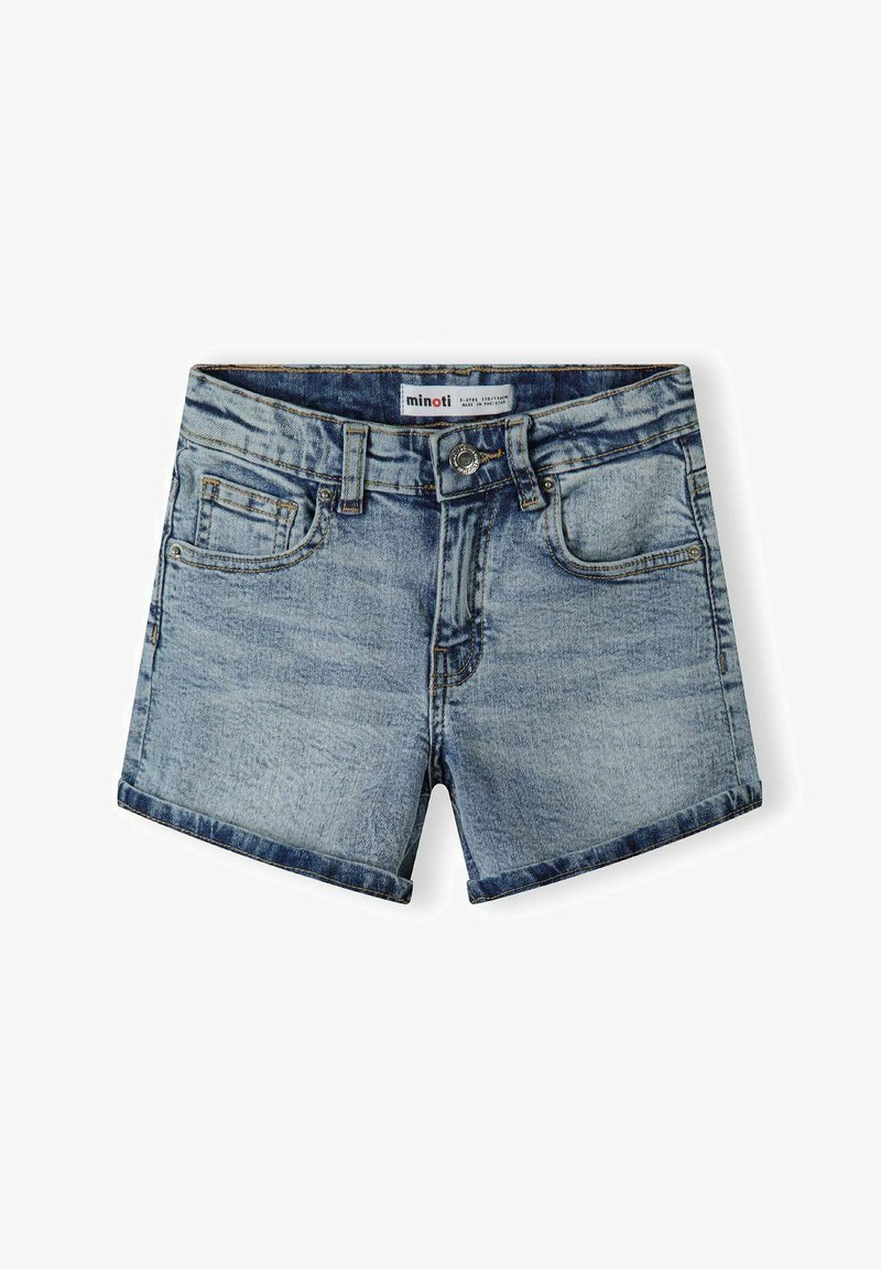 Gaiši zili džinsu šorti ar izbalējušu apdari, ar priekšējo pogu aizdari, piecu kabatu dizainu un izšūtām detaļām gar šuvēm.