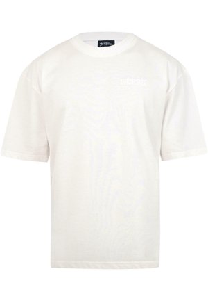 Weißes T-Shirt mit kurzen Ärmeln aus Baumwolle, mit Rundhalsausschnitt und einem schlichten Logo auf der Vorderseite. Weicher Stoff und lässige Passform.