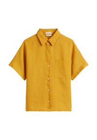 Geel korte mouw knoopshirt van linnen stof met een klassieke kraag en een enkele borstzak, met een relaxte pasvorm en houten knopen.