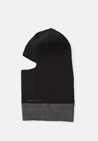 Black knit balaclava with a partial face opening, featuring a ribbed gray bottom section and subtle stripe accents, marked with "OAKLEY."