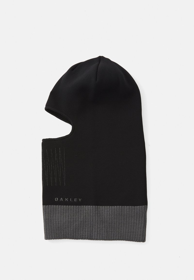 Black knit balaclava with a partial face opening, featuring a ribbed gray bottom section and subtle stripe accents, marked with "OAKLEY."