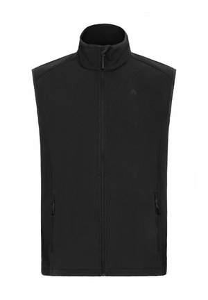 Svart ermeløs vest med høy krage, to frontlommer med glidelås og subtil logo. Glatt stoff med strømlinjeformet design og ingen utstående sømmer.