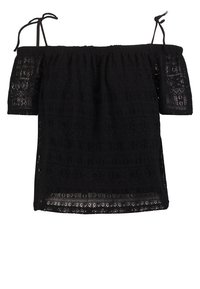 Haut noir épaules dénudées en dentelle texturée avec manches courtes et liens réglables, présentant une coupe ample et un motif décoratif.