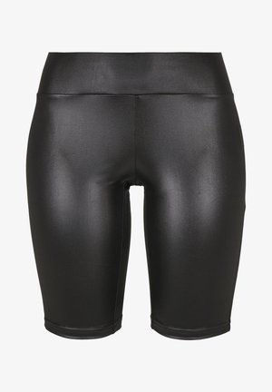 Sorte højtaljede cykelshorts lavet af glat, strækbart materiale. Har et tætsiddende design og kantede kanter. Velegnet til aktivt tøj.
