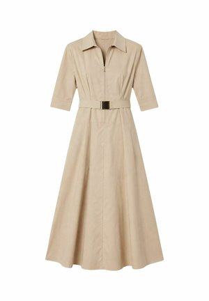 Vestito midi beige con maniche a metà, colletto appuntito, cerniera frontale e cintura abbinata con fibbia rettangolare.