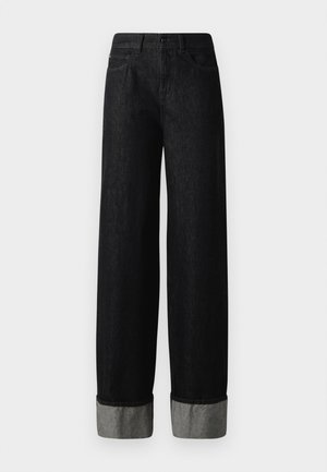 Black wide-leg jeans made of denim with a dark wash, featuring gray cuffed hems and five-pocket design. Thick waistband with a button closure.