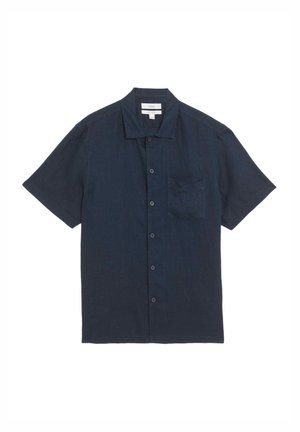 Dunkelblaues Hemd mit kurzen Ärmeln aus leichtem Stoff, mit einer Brusttasche und einem strukturierten Kragen.