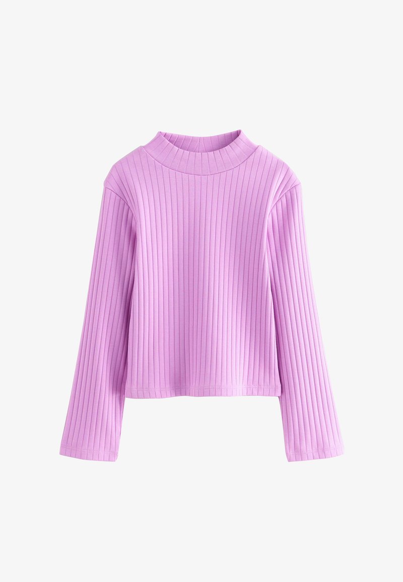 Helllila, gerippter Strickpullover mit einem hohen, gerundeten Halsauschnitt und langen Ärmeln, der ein kurzes Design und eine weiche Textur aufweist.