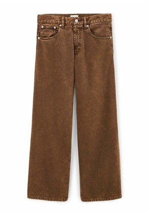 Brown wide-leg jeans made of denim, featuring front and back pockets, silver hardware, and a clean hem without fraying.