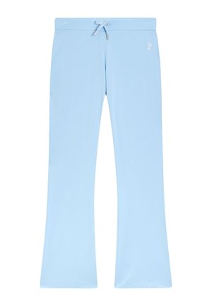 Lichtblauwe flared broek van zacht materiaal, met een trekkoord in de taille en een klein wit logo aan de zijkant. Soepele textuur, eenvoudig ontwerp.