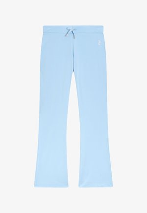 Pantaloni a palazzo azzurro chiaro realizzati in tessuto morbido, con vita regolabile e un piccolo logo bianco sul lato. Texture liscia, design semplice.